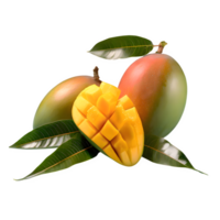 AI generated King of fruits, mango fruit and sliced with leaves isolated on transparent background png