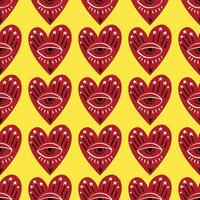 Red and yellow Valentines Day seamless pattern with magical hearts. vector