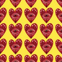 Red and yellow Valentines Day seamless pattern with magical hearts. vector