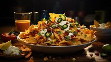 AI generated Nachos full of chunks of vegetables with with mayonnaise sauce , AI Generated photo