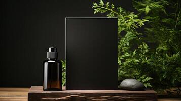AI generated perfume bottle on wooden table with plant background for mockup design, AI Generated photo