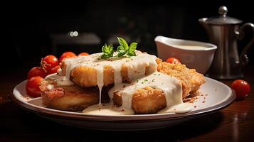 AI generated Closeup fried pork chops with melted mayonnaise on a plate, black background and blur photo