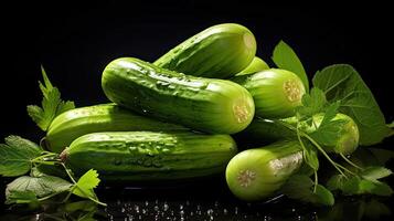 AI generated fresh green cucumber splashed with water on black and blurred background, AI Generated photo