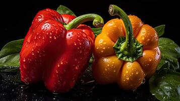 AI generated fresh bell peppers on a wooden table on a black background, AI Generated photo