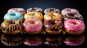 ai generado dulce rosquillas lleno con Derretido chocolate y asperja con un borroso fondo, ai generado foto