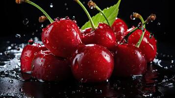 AI generated fresh red cherry exposed to water splash on black background and blur, AI Generated photo