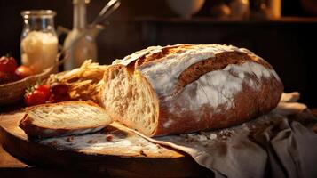 AI generated fluffy bread sprinkled with white sugar on a wooden table with blurred background, AI Generated photo