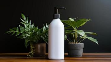 AI generated hand sanitizer bottle for mockup on wooden table with leaf ornament, AI Generated photo