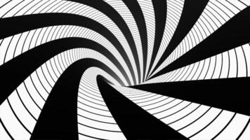 animerad hypnotisk tunnel med vit och svart rutor. randig optisk illusion tre dimensionell geometrisk maskhål form mönster rörelse grafik. optisk illusion skapas förbi zoom i av svart och video