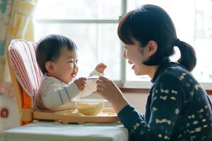 ai generado alegre alimentación momento. madre y niño foto