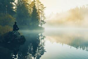 ai generado silueta de persona meditando en orilla del lago rock a brumoso amanecer foto