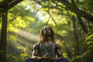 ai generado joven africano americano hombre meditando en el bosque en el Mañana ligero foto