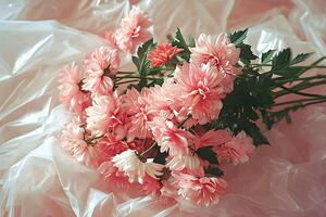 AI generated Pink Chrysanthemums on Crumpled Plastic. photo