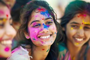 ai generado alegre adolescentes celebrando holi festival foto