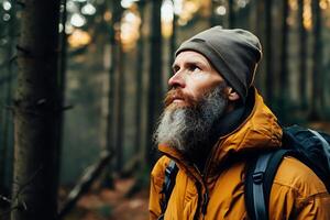 AI generated Forest wanderer. A man goes hiking alone in the forest photo