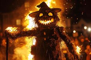AI generated Flaming Scarecrow Against Night Backdrop photo