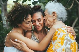 ai generado Tres generaciones mujer abrazando tiernamente foto