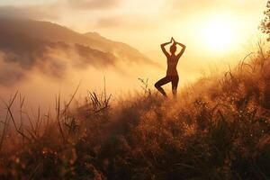 ai generado amanecer yoga en el neblina. horizontal foto