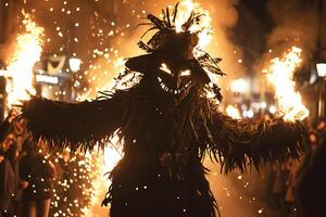 AI generated Scarecrow effigy ablaze at night. photo