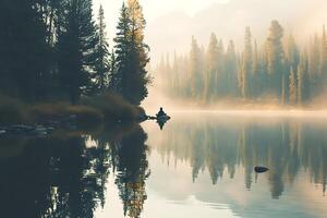 ai generado un hombre se sienta en el apuntalar de un lago y medita a amanecer foto