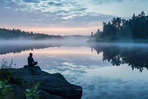 AI generated A man meditates in front of a pond in nature surrounded by forest photo