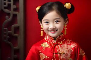 AI generated a young chinese girl wearing red chinese traditional dress with generative ai photo