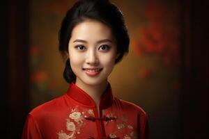 AI generated beautiful chinese woman wearing red traditional clothes bokeh style background with generative ai photo