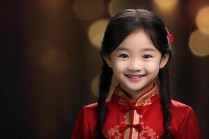 AI generated a young chinese girl wearing red chinese traditional dress bokeh style background with generative ai photo