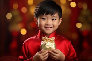 AI generated young handsome boy wearing traditional clothes and holding aungpao bokeh style background with generative ai photo