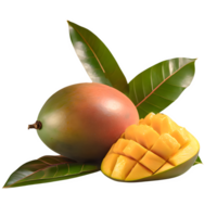 AI generated King of fruits, mango fruit and sliced with leaves isolated on transparent background png