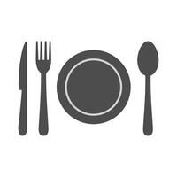 Fork, spoon, knife, and plate icon. Cutlery icon set in line and flat style. Dinnerware icon symbol in the circle. Restaurant sign and symbol. Vector illustration