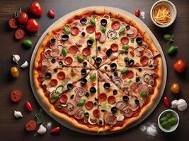 AI generated Tasty top view sliced pizza Italian traditional round pizza photo