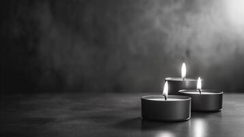 AI generated Minimalist Sympathy Condolences Grief card. Three burning candles on a muted light grey background. Copy space. photo