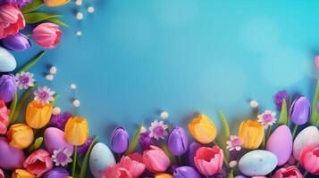 AI generated Easter horizontal banner design with eggs and flowers with copy space. Bright, neon colros springtime celebration background photo