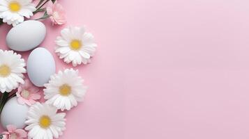 AI generated horizontal banner design with white flowers and eggs with copy space on light pink background.. springtime Easter holiday pastel backdrop photo