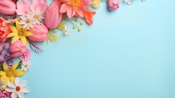 AI generated horizontal banner design with colorful flowers with copy space. Bright colors springtime holiday background photo