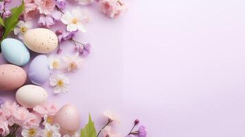 AI generated Easter horizontal banner design with eggs and flowers with copy space. Pastel springtime celebration background photo