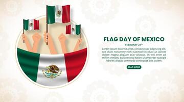 bandera día mexico con ondulación bandera y adornos vector