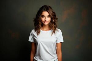 AI generated Young woman in a mock-up of a white T-shirt on a brown background. Designer template, printed presentation layout photo