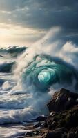 AI generated Beach waves surge across the vast sea, displaying the power of nature with a backdrop of blue sky, creating a captivating coastal scene with white foam and the dynamic energy of a summer video