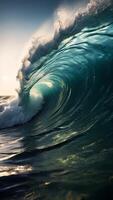 ai gerado de praia ondas surto através a grande mar, exibindo a poder do natureza com uma pano de fundo do azul céu, criando uma cativante costeiro cena com branco espuma e a dinâmico energia do uma verão video