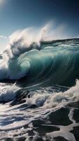 ai generado playa olas oleada a través de el vasto mar, mostrando el poder de naturaleza con un fondo de azul cielo, creando un cautivador costero escena con blanco espuma y el dinámica energía de un verano video