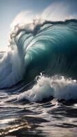 AI generated Beach waves surge across the vast sea, displaying the power of nature with a backdrop of blue sky, creating a captivating coastal scene with white foam and the dynamic energy of a summer video