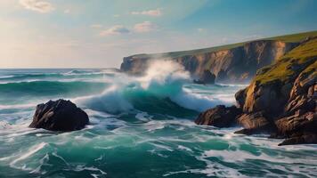 ai généré le Roche formations dans le océan sont grand et avoir une brumeux Regardez video