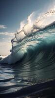 ai generado playa olas oleada a través de el vasto mar, mostrando el poder de naturaleza con un fondo de azul cielo, creando un cautivador costero escena con blanco espuma y el dinámica energía de un verano video