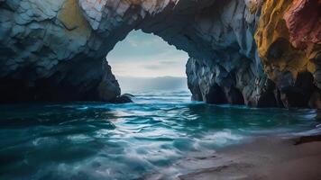 ai generado playa serenidad un maravilloso ver capturar el belleza de el Dom ajuste terminado el océano, con rocas recubrimiento el costa, creando un tranquilo y pintoresco marina video