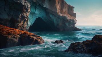 ai generado playa serenidad un maravilloso ver capturar el belleza de el Dom ajuste terminado el océano, con rocas recubrimiento el costa, creando un tranquilo y pintoresco marina video