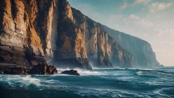 ai généré bord de mer sérénité une étourdissant vue capturer le beauté de le Soleil réglage plus de le océan, avec rochers garniture le côte, création une tranquille et pittoresque paysage marin video
