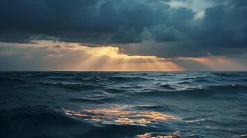 ai generato mare serenità un' sbalorditivo Visualizza cattura il bellezza di il sole ambientazione al di sopra di il oceano, con rocce liner il costa, la creazione di un' tranquillo e pittoresco paesaggio marino video