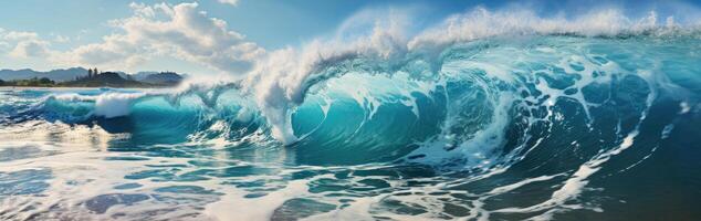 ai generado poderoso turquesa azul ola en el Oceano en un brillante soleado día foto